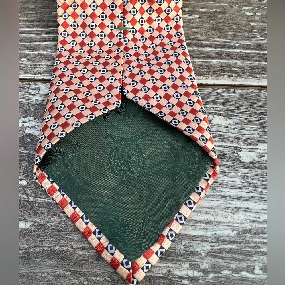 Tommy Hilfiger necktie vintage men’s tie peach blue squares‎ pattern print silk